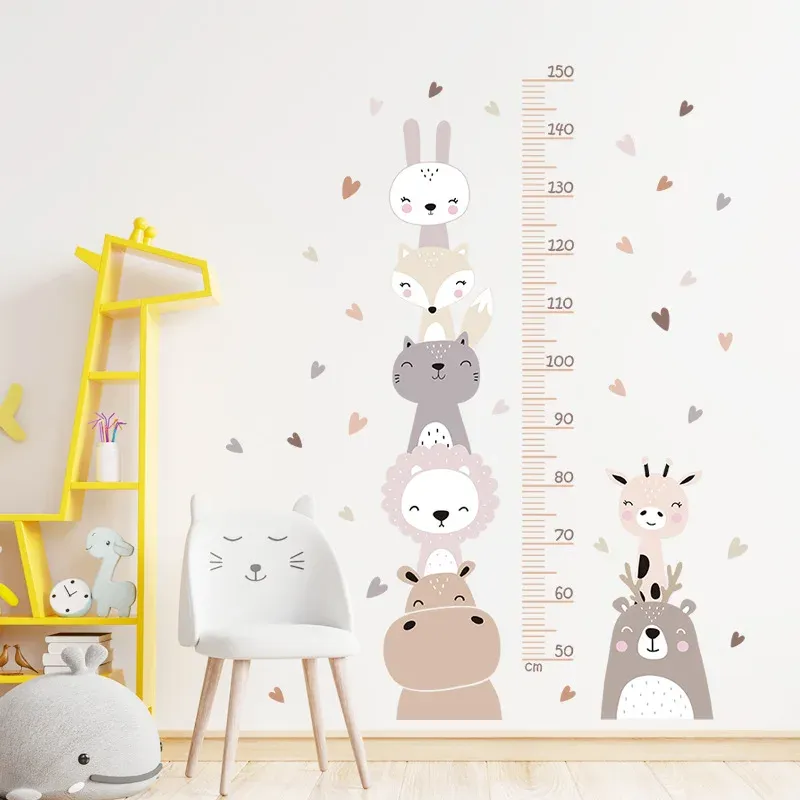 Autocollants muraux de mesure de la hauteur d'animaux de dessin animé, autocollant mural pour chambre d'enfants, règle de mesure de la hauteur, sparadrap muraux, décor de chambre de bébé et de crèche