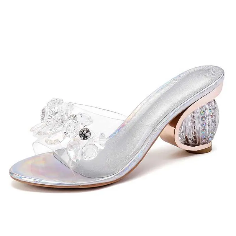 Slippers VKJF 2023 New PVC Jelly Sandals Womens Crystal Leather Toe High Heels Transparent Pump H240328U9VV