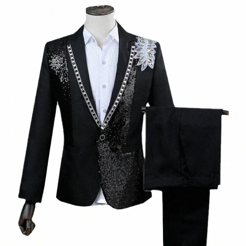 nuovo Fi Men Dance Party Paillettes Dr Suit 2 pezzi Set Nero / Bianco Cantante Host Stage Performance Patchwork Giacca e pantaloni h4tY #