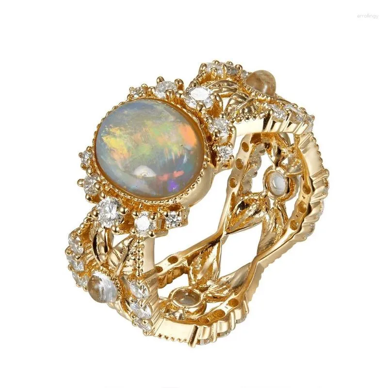 Cluster Rings Exquisite Style Court Color Opal Inlaid Diamond Engagement Ring For Women Fashionable And High-end Hollowed Out Jewelry