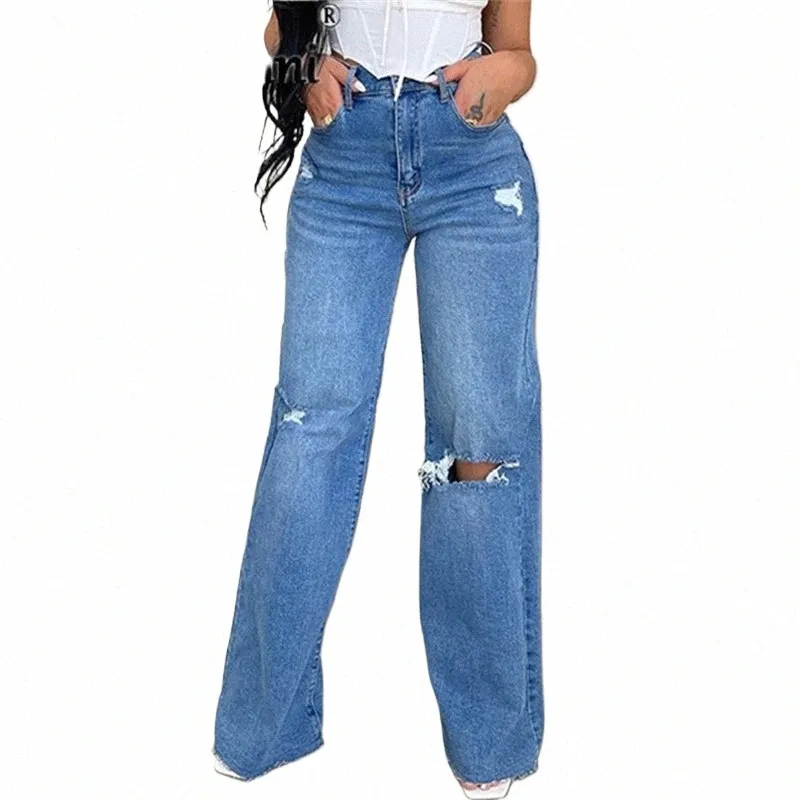 fi High Waist Street Versatile Jeans Women's Straight Wide Leg Denim Pants Female Daily Casual Basic Broken Holes Trousers Y4O1#