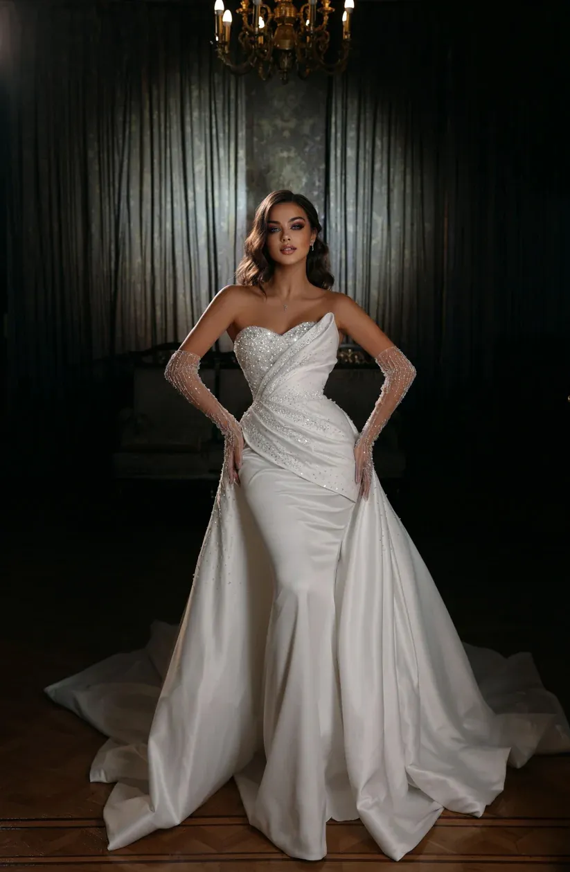 Elegant 2-in-1 Mermaid Overskirt Wedding Dress with Removable Train, Beading Appliques, Lace Draping, and Pleats - 24