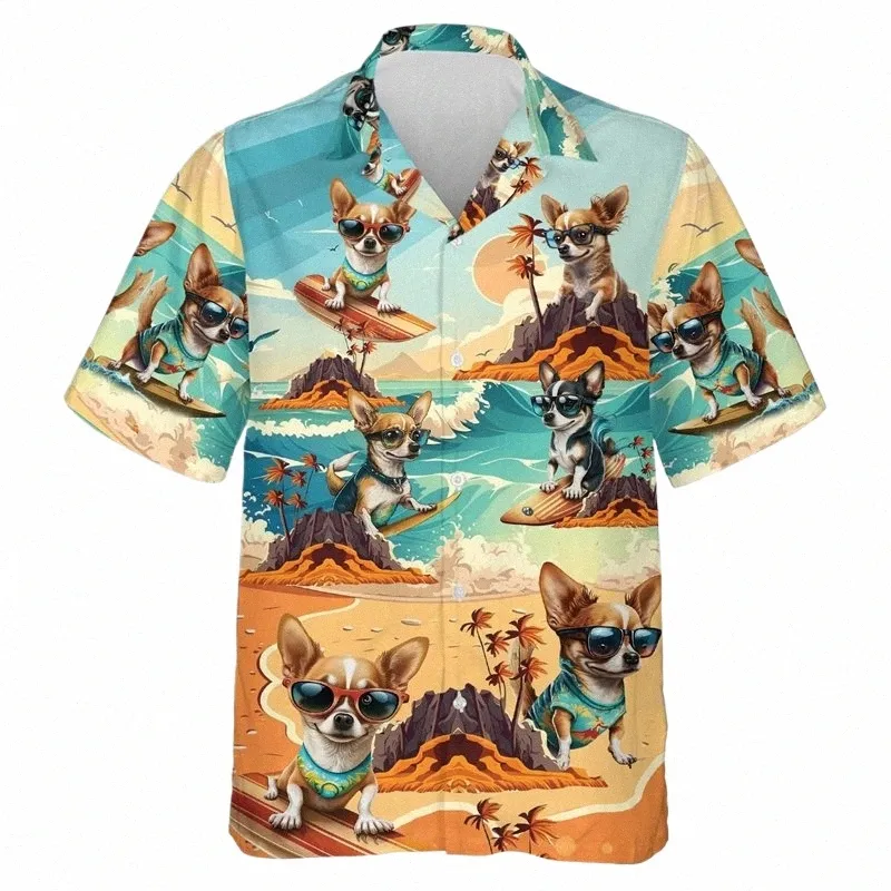harajuku fi evcil kedi köpek grafik plaj gömlekleri hawaii hayvan çoban chihuahua kadınlar bluz gündelik hawai vacati gömlek K8oc#