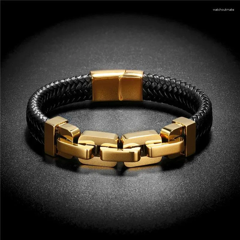 Charme pulseiras estilo simples masculino preto pulseira de couro genuíno clássico inserção de aço inoxidável dupla camada trança pulseiras para homem amigo