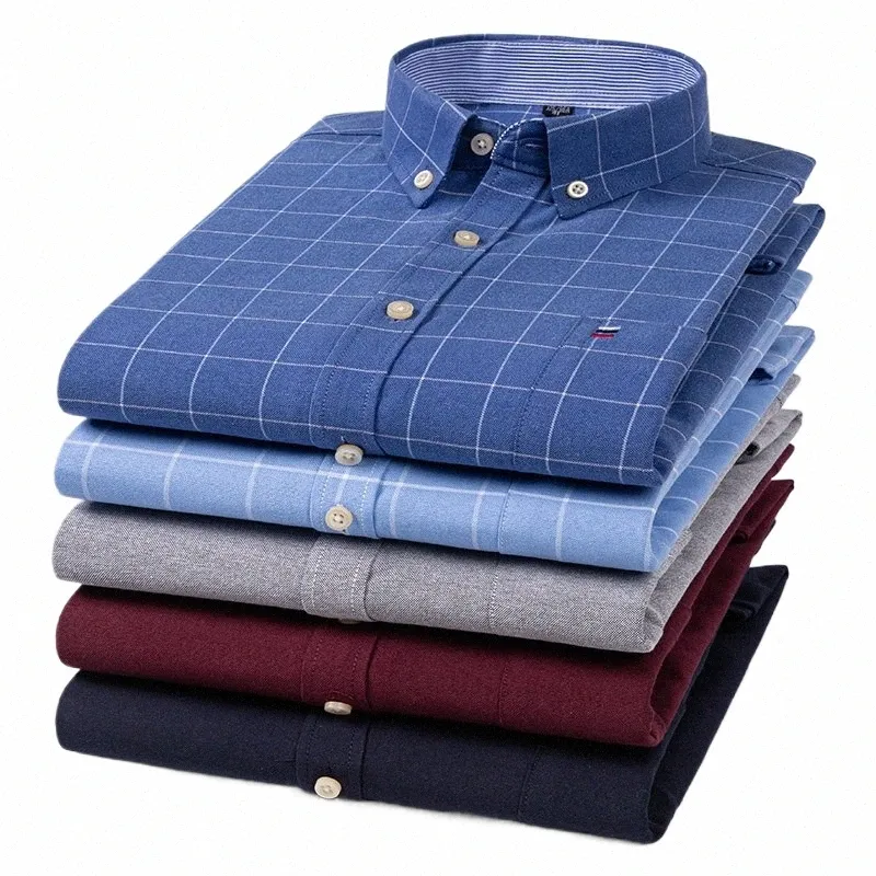 Chemises décontractées pour hommes Cott Oxford Plaid Strip Couleur unie Lg manches Butt Up Regular Fit Busin Dr Shirt pour hommes vêtements 810y #