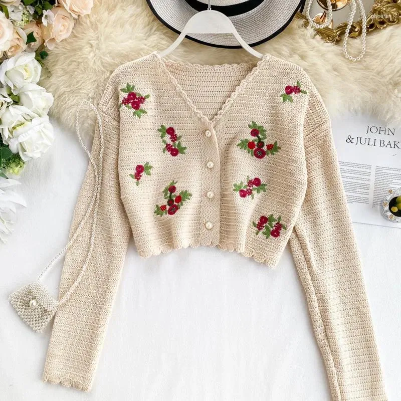 Women's Knits YUZACDWX 2024 Vintage Pearl Buttons Warm Kintted Sweater Women Crochet Embroidery Cardigan Retro