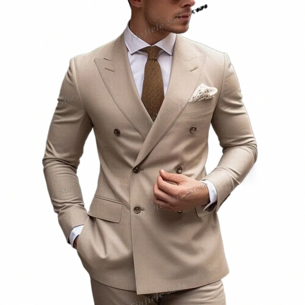 Nouveau costume de busin beige hommes smokings marié marié formel bal de mariage 2 pièces ensemble veste et pantalon t8gS #