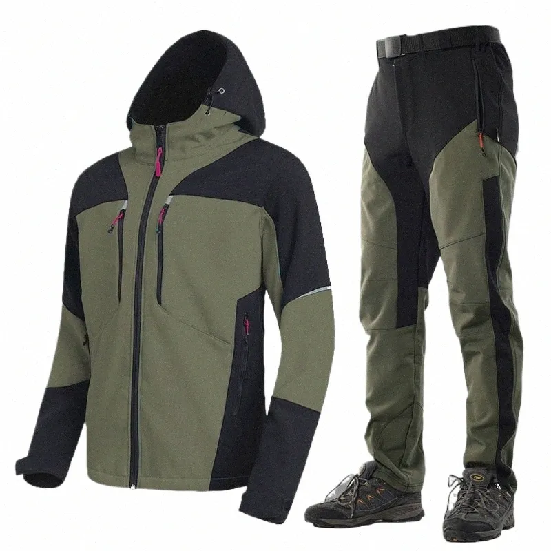 Soft Shell Sportsets Heren Winter Fleece Meerdere Zakken Jassen Met Capuchon Cargobroeken Outdoor Warme Waterdichte Vispakken Mannelijke L9gf#