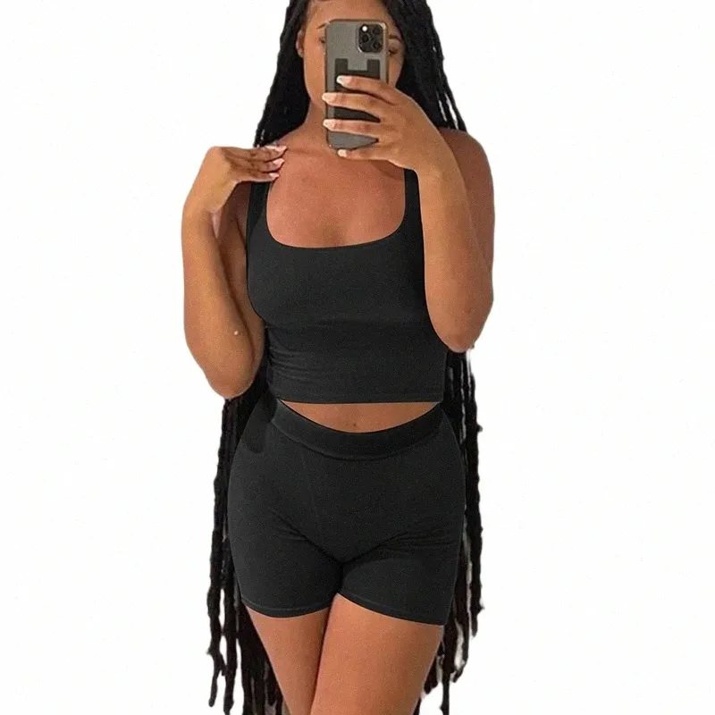 Casual Workout Sets 2 Stück Outfits für Frauen Geripptes Crop Tank Top Hohe Taille Yoga Shorts Lounge Wear Trainingsanzug R8oG #