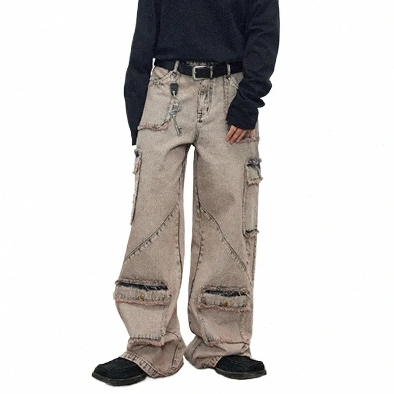 pfnw Multi Pockets Heren Denim Cargo Broek Kwastje High Street Mannelijke Versleten Jeans Safari Stijl Broek 2023 Winter Nieuw 28W2407 Z9hb#