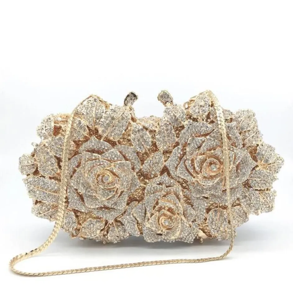 Evening Bags Dazzling Women Gold Rose Flower Hollow Out Crystal Metal Clutches Small Handbag Purse Wedding Clutch Bag Diamond309j