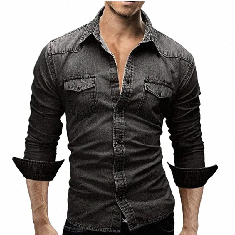 M-3XL män skjorta jeans camisa maskulina manlig lg hylsa casual denim smal fit dr tröjor kemise homme mäns denim skjorta l6lr#