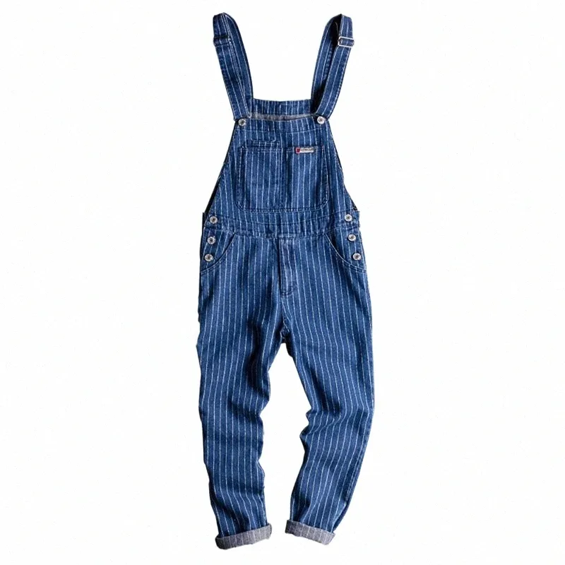 Sokotoo Męskie Stripe Printed Blue Denim BIB Sypenders Scoss SUPSAITS Korzystanie z dżinsów młodzieżowych L1JK#