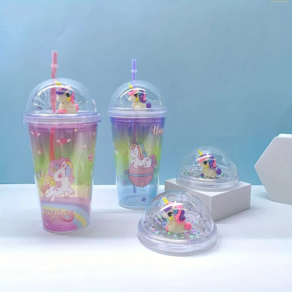 1pc, Tumbler with Dome Lid and Straw, Double Walled Plastic Bottle, Shiny Glitter Cartoon Unicorn Water Cups, Cute Kawaii Summer Winter Drinkware, Travel