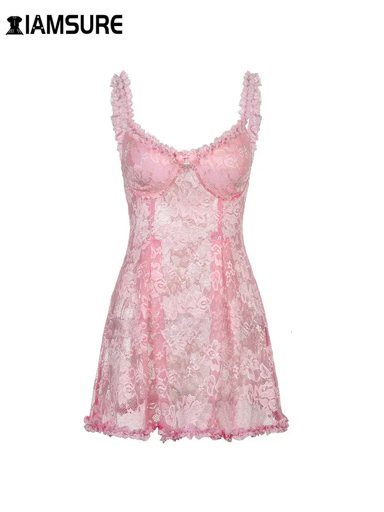 Iamsure doce bonito laço cami vestido ver através sexy magro sem mangas babados arco a linha mini vestidos para mulheres verão primavera senhora 240320