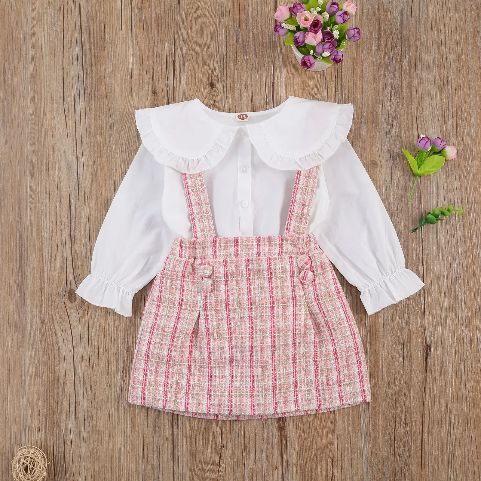 Sets Focusnorm Autumn Princess Kids Baby Girls Clothes Sets 2pcs Peter Pan Collar Single Breasted Tops Plaid Print Bib Strap Dress Curtain