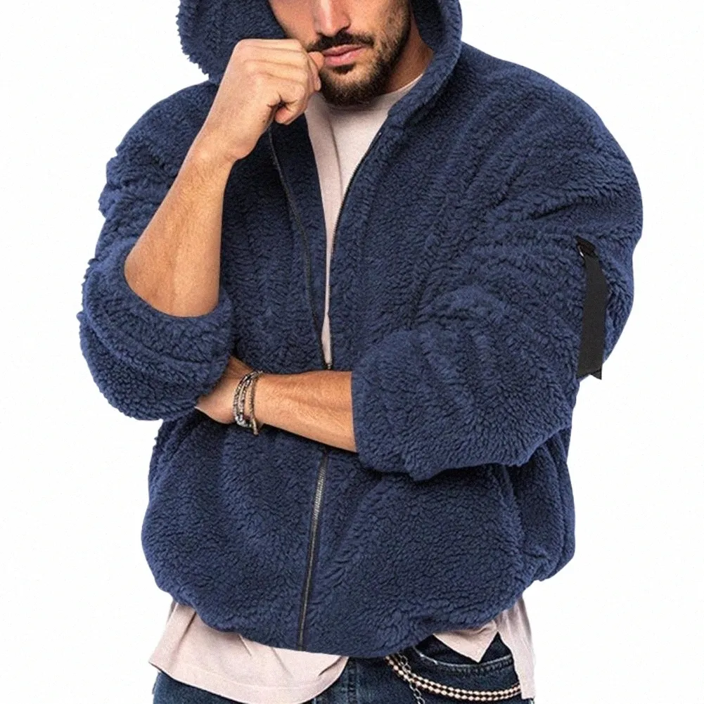 Hombres Chaqueta de lana gruesa Abrigo con capucha mullida de moda para hombres con cierre de cremallera de lana engrosada Mangas LG para invierno para otoño W2oz #