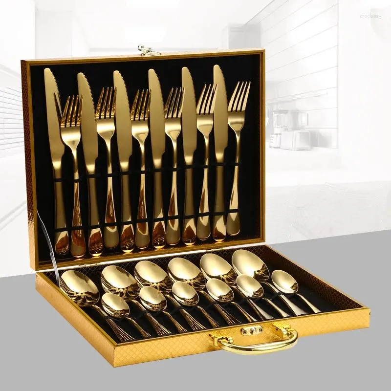 Dijkartikelen sets houten doos 24 pc's gouden tafelwerk bestek dinerset messenvork en lepel geschikt voor familie van 6 Steak Gift Couvert