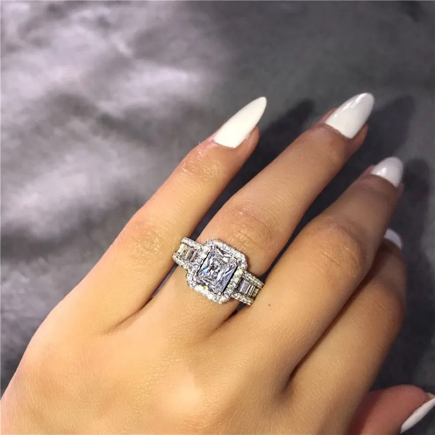 Mahkeme Sözü Halkası 925 STERLING Gümüş 3CT 5A Zircon CZ Engagement Wedding Band, Kadınlar İçin Akşam Partisi Jewelry204o