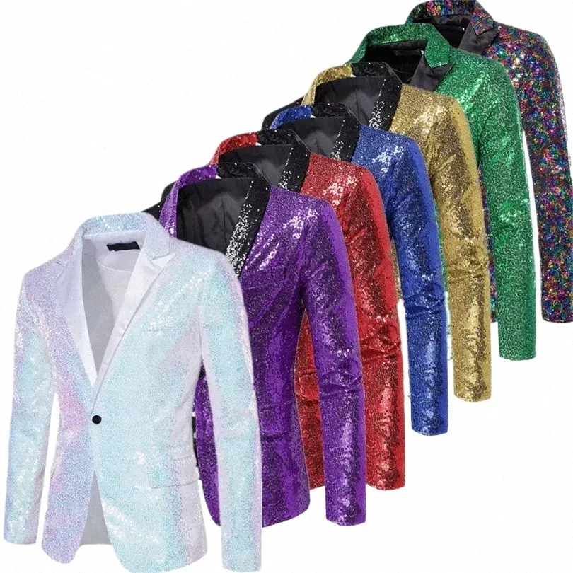 Shiny Sequin Suit Jacket Herrfas Performance Coat White Sier Blue Red Purple Blazers V-Neck Single Butt S M L XL XXL E8S4#