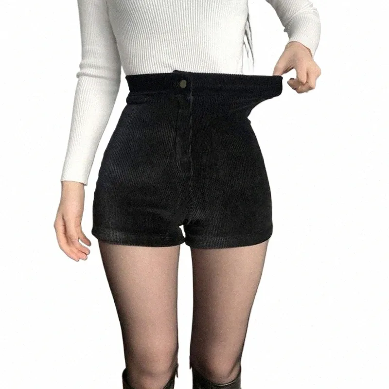 kvinnors svarta goth byxor shorts hög midja våren hösten fi tight sexig stretch y2k corduroy kvinnliga casual byxor k5nf#