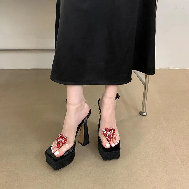 Kledingschoenen 15 cm dikke hakken sandalen dames platform strass sexy transparante riem hoge zomer dames vierkante neus