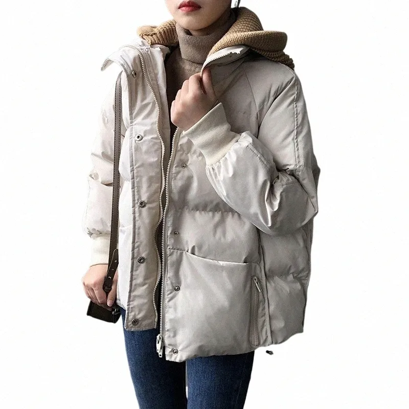 Zurichouse Casual Female Cott Gepolsterter Mantel mit gestrickter Kapuze Koreanische lose flauschige kurze Parka warme Damen Winterjacke u5JU #