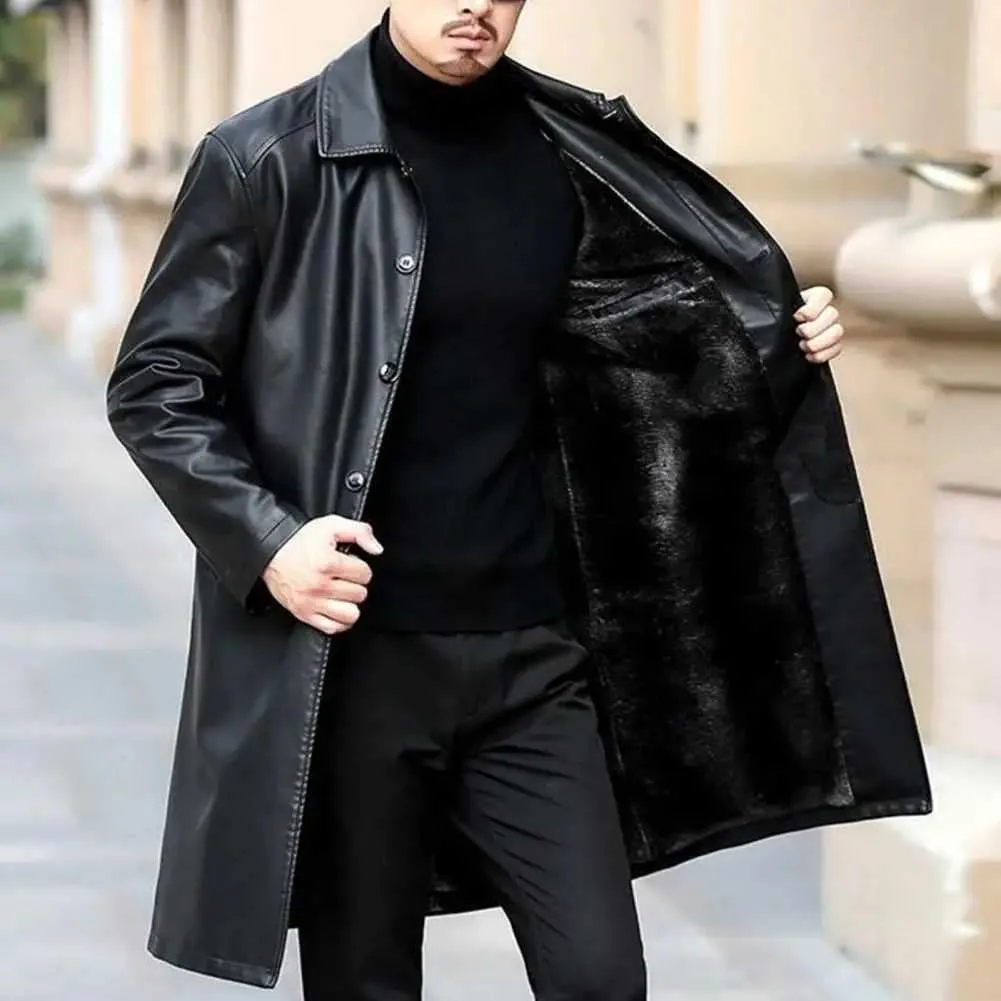 Jaqueta masculina de couro sintético, outono inverno, corta-vento de couro falso, lapela, manga comprida, bolsos, forro de lã, casaco solto, longo, outwea 240330