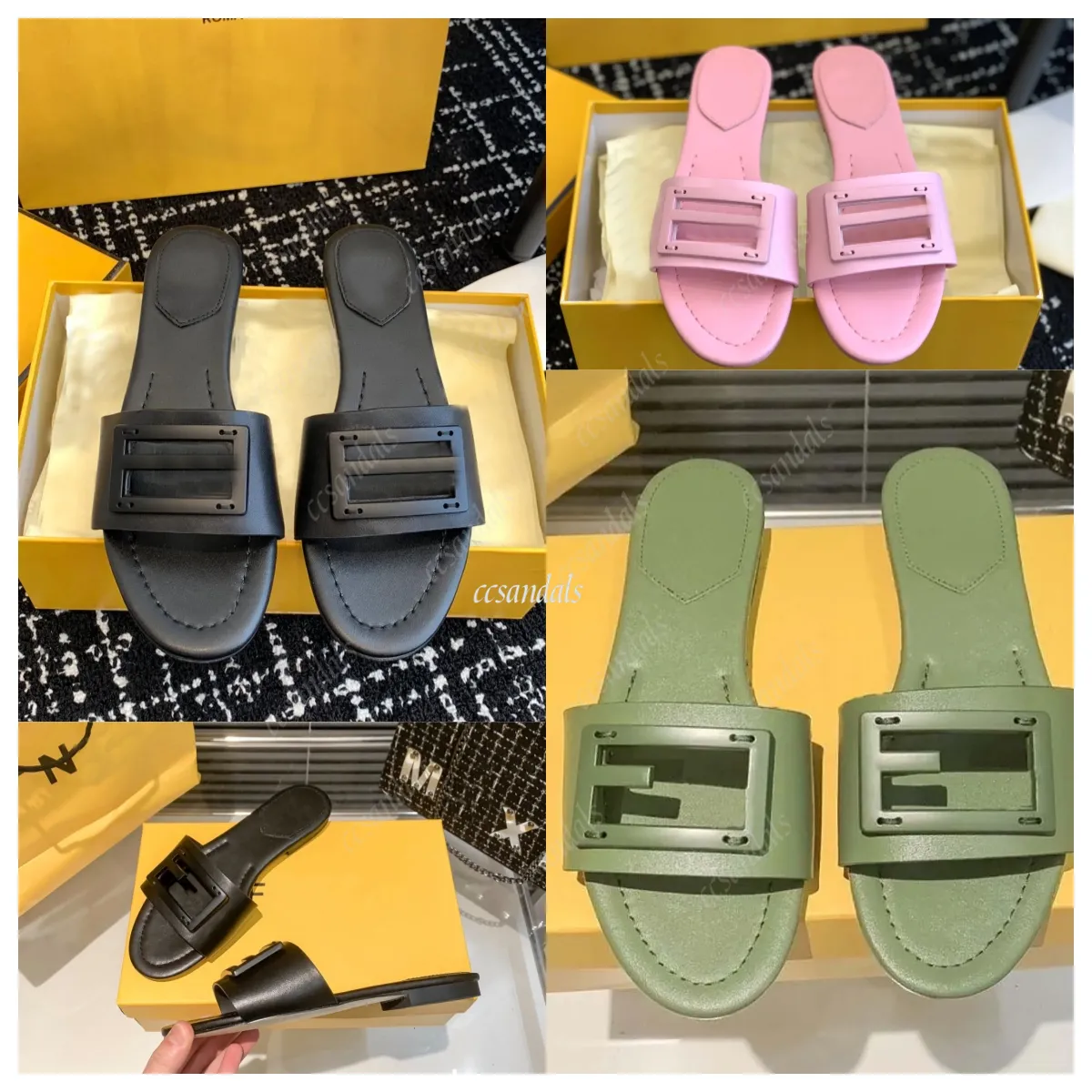 Designer Brand F Slippers With Box Luxury Sandals Herr- och kvinnors skor Kuddar Bekväm koppar Svartrosa Summer Fashion Slide Strand tofflor