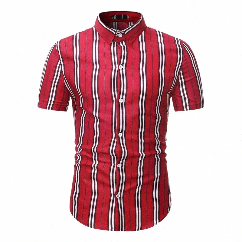 Shenrun Men skjortor Summer Short Sleeve Slim Fit New Fi Vertical Stripe Formal Casual Shirt Red Khaki Beach Daily Life Work F6D7#