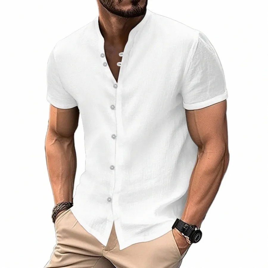 Alta qualidade masculina primavera / verão nova manga curta cott camisas de linho busin casual solto encaixe camiseta camisas top n1gL #