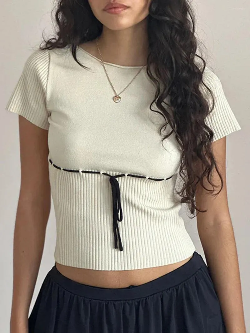 Kvinnors tankar Kvinnor S Summer Short Sleeve Ribbed Knit Crop Top Sweet Crew Neck Slim Fit Casual Belted Tee Tops Streetwear