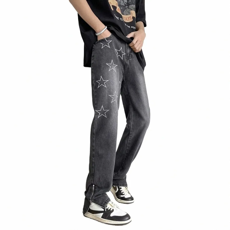 2023 Star Embroidery New Slim Jeans Y2K Pants Men Clothing Ankle Zipper Straight Wed Black Hip Hop Denim Trousers Ropa Hombre 01ws#