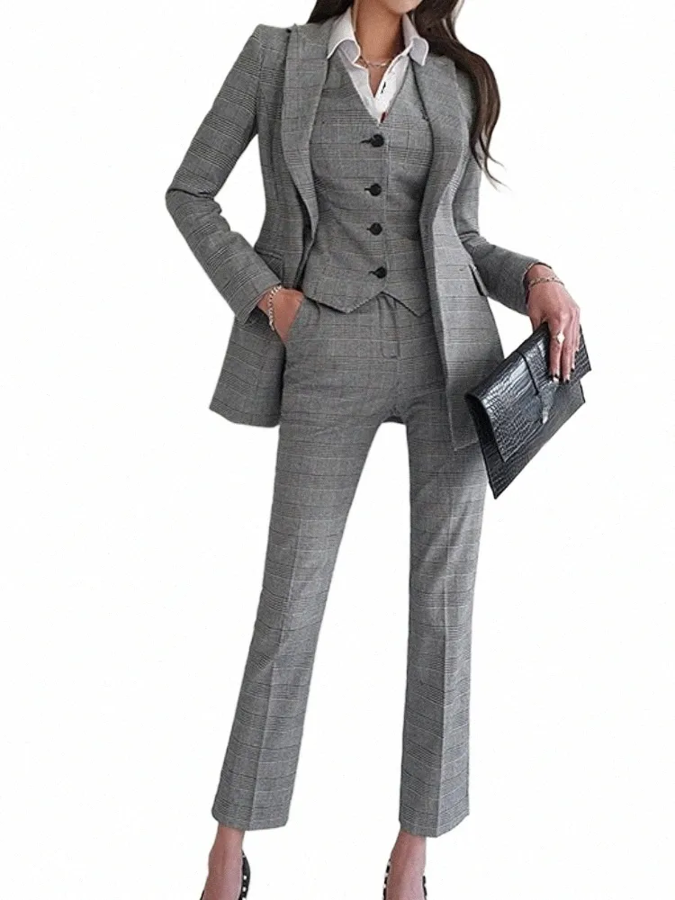 Mulheres Elegante Formal Busin Blazer 3 Peças Terno Escritório Trabalho Xadrez Jaqueta Colete Pantsuit Coreano Fi Feminino Roupas Vintage Z2Yb #