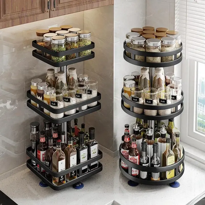 RATCHOS 360 ° Rotación Spice Storage Rack Bandeja de almacenamiento de la cocina sin cita para sazones y especias latas de jarra accesorios de cocina multicapa