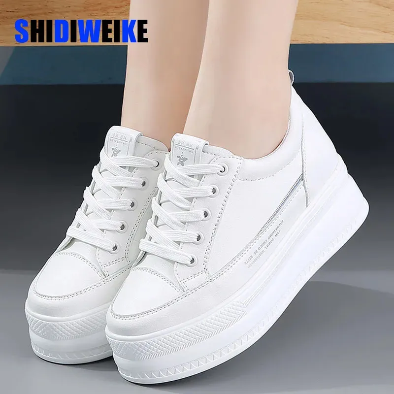 SDWK 7cm Microfibra Couro Mulheres Sapatos Casuais Plataforma Branca Cunha Salto Escondido Y Tênis Skate 240313