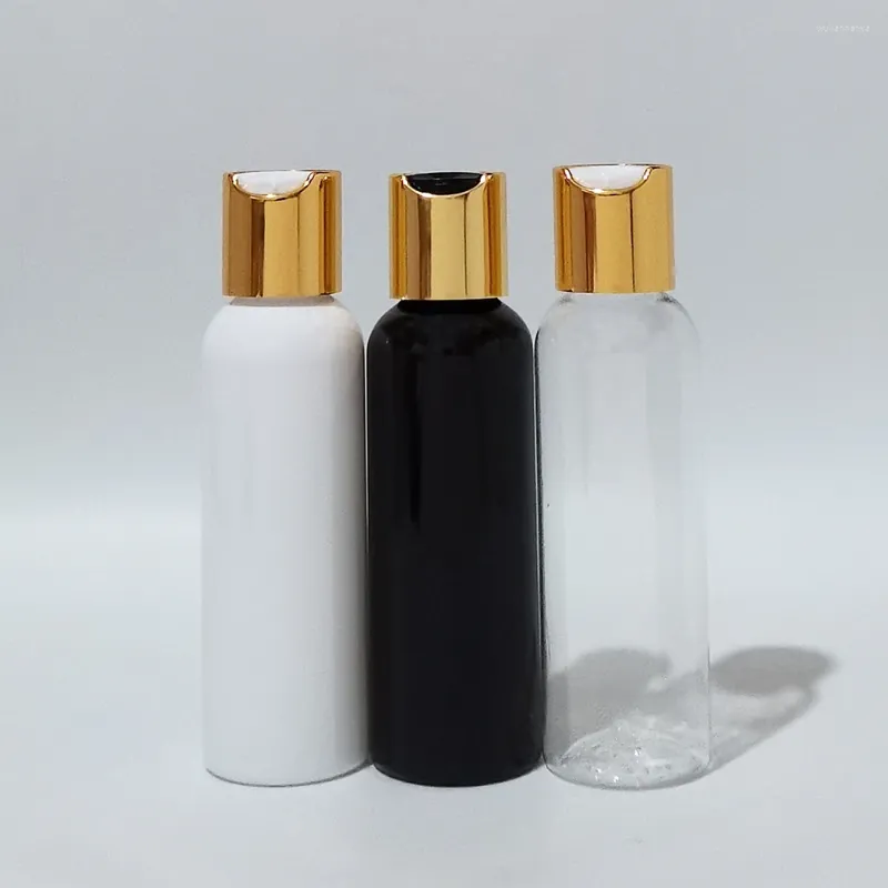 Vorratsflaschen 30 Stück 100 ml leere weiße, klare, schwarze Kunststoff-Shampoo-Flasche mit gold-silberner Scheibenoberkappe 3,4 Unzen PET-Körperwaschkosmetik