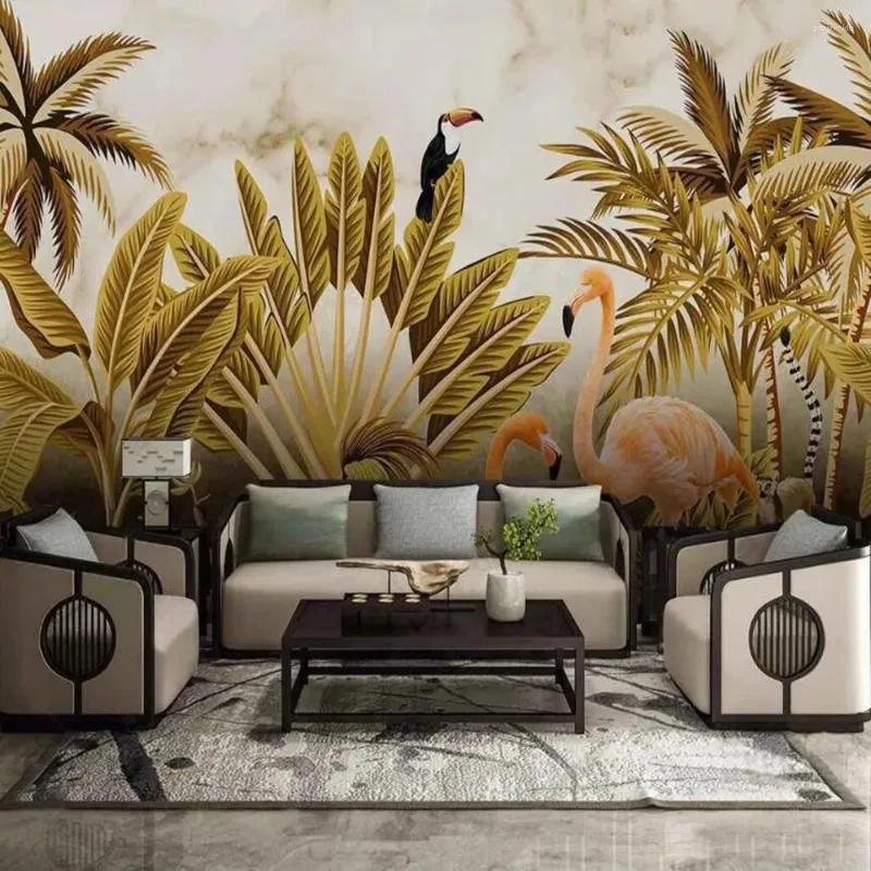 Wallpapers Milofi Custom Grote Wallpaper Muurschildering 3D Gouden HD Tropische Bladeren Flamingo Slaapkamer Achtergrond