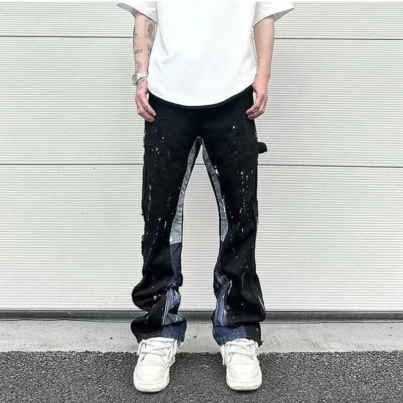 Jeans pour hommes Hip Hop Contraste Couleur Épissé Spot Encre Spray Micro Jeans Évasés pour Hommes Sac Droit Y2K Denim Pantalon Surdimensionné Cargo J240328
