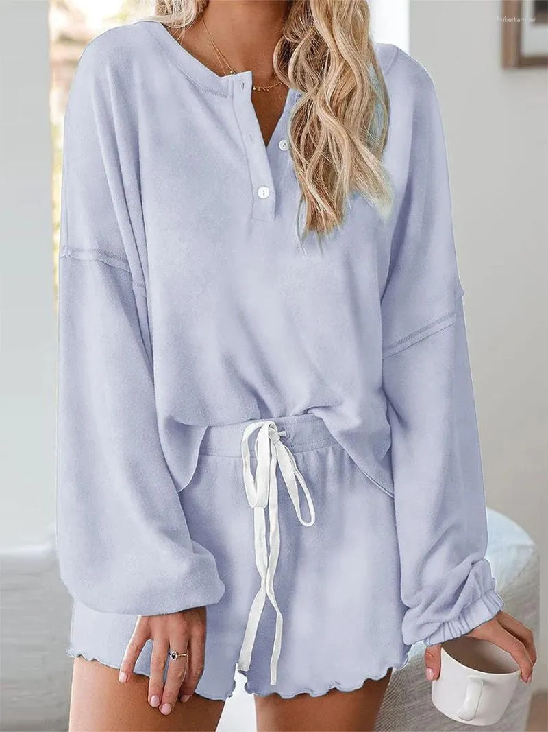 Vêtements de nuit pour femmes Femmes 2 pièces Pyjamas Set manches longues demi-boutonné sweat-shirt et short à cordon de serrage confortable survêtement décontracté mignon