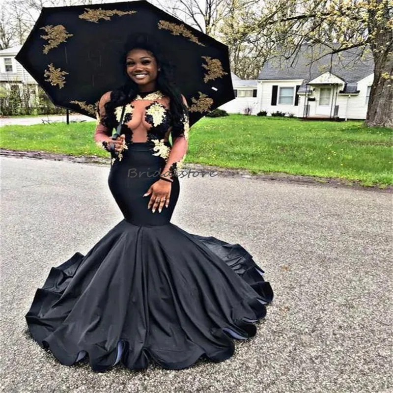 Pretty Black Girls Prom Dresses Black With Gold Lace Elegant Long Sleeve Mermaid aftonklänning Illusion Front Dinner Night Formella festklänningar Vestios de Fiesta 2024