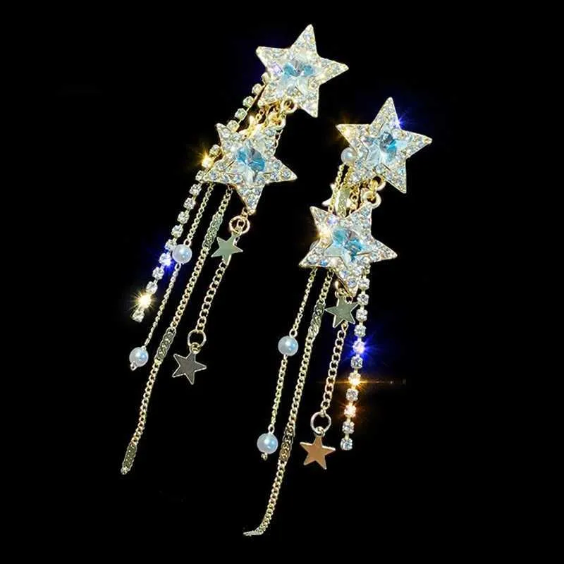 Orecchini a goccia stella stile coreano con ciondolo per donna Nuovi bijoux nappa lunga cristallo blu lucido orecchini pendenti accessori per gioielli Y240328