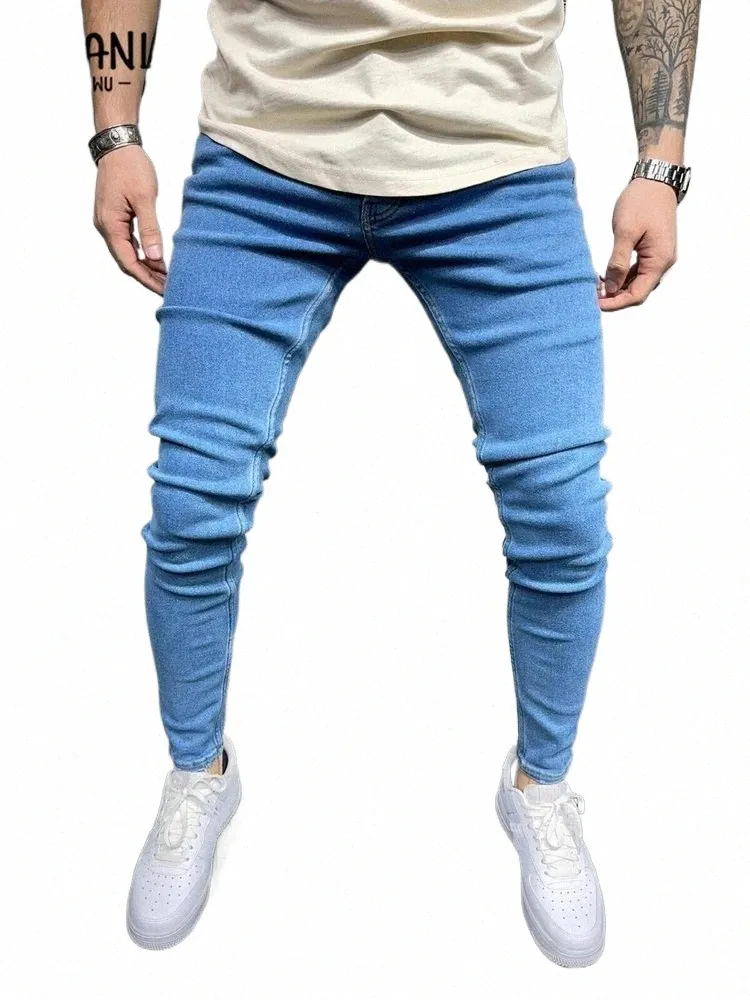 jeans Men Elastic Waist Skinny Pants 2022 New Blue Mens Denim Trousers Stretch No Ripped Pants Male Streetwear o9zJ#