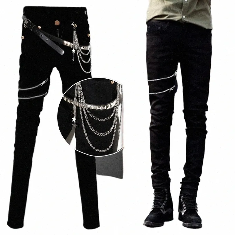 Idopy Fi Slim Fit Denim Hosen Punk-Stil Hohe elastische dehnbare Reißverschlüsse Gothic Butt Jeans Hosen für Männer mit Kette Q87e #