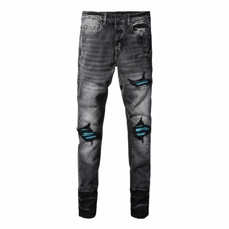 Street Fi Jeans da uomo Retro Nero Grigio Stretch Skinny Fit Jeans strappati Uomo in pelle blu con patch Designer Hip Hop Pantaloni di marca 80rb #