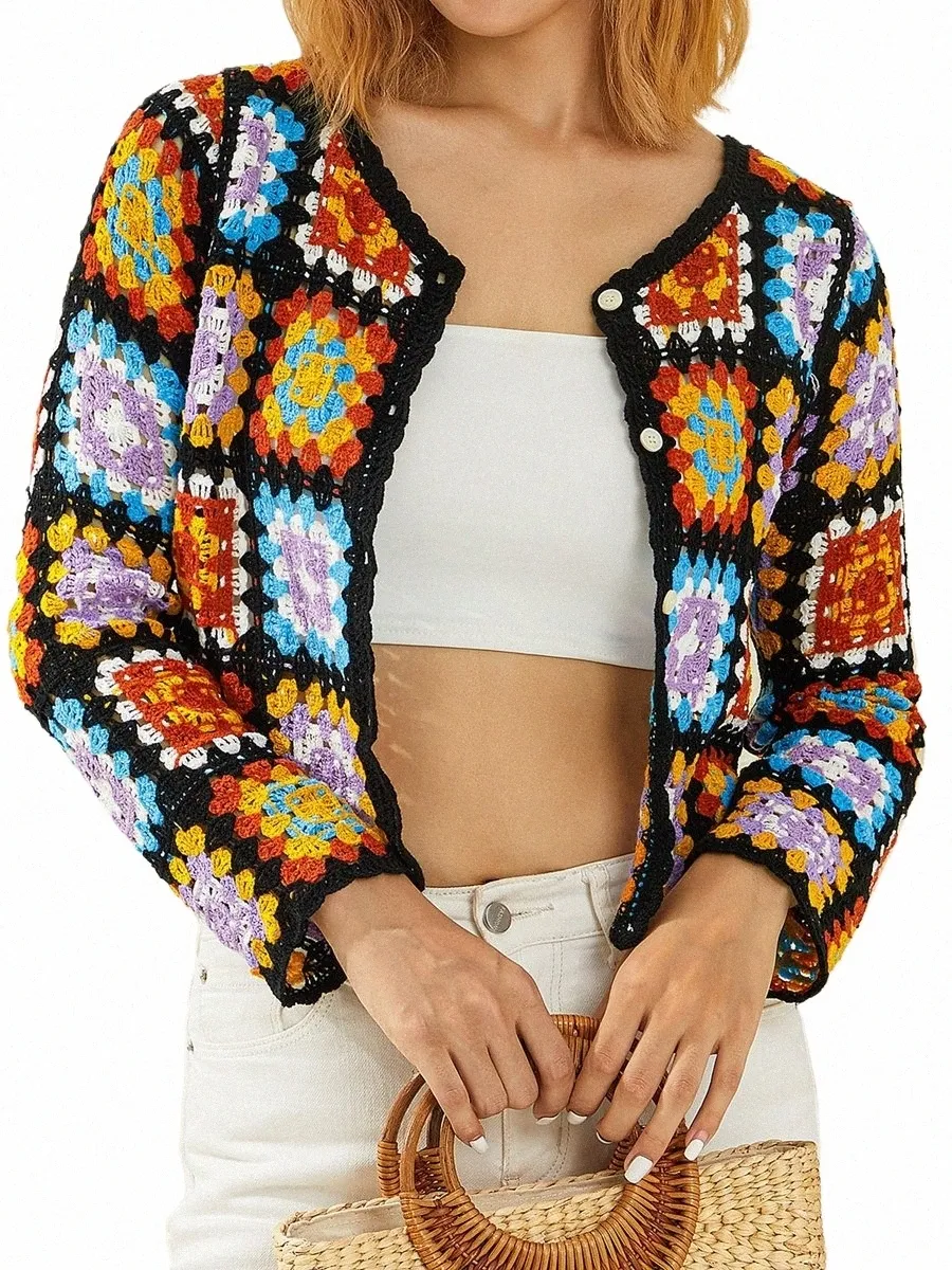 Automne Femmes Vintage Crochet Cardigan Multicolor Jumper Lg Manches Butt Down Floral Pull Tricoté Manteaux Lâches Chandails Chauds G1AO #