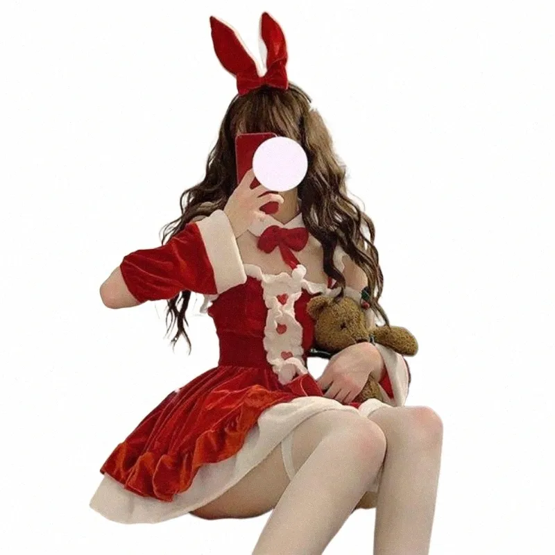 Sweet Lolita Bunny Girl Halen Christmas Cosplay Costume Japanese Anime Pink Maid Lingerie Soft Veet Rabbit Rollplay Outfit Z66Q#