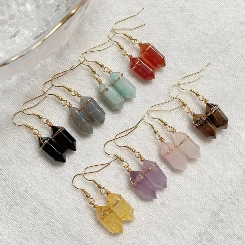 Boucles d'oreilles en pierre naturelle, petit prisme Hexagonal, goutte d'eau, pointe de balle, pompon, Citrines, Quartz rose, cristal violet, boucle d'oreille de guérison Reiki