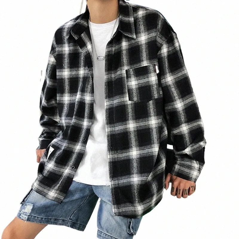 harajuku Plaid Shirts Men's Spring Autumn Winter High Quality Casual Flannel Men Oversized Loose Retro Lg-sleeved Shirts o6cY#