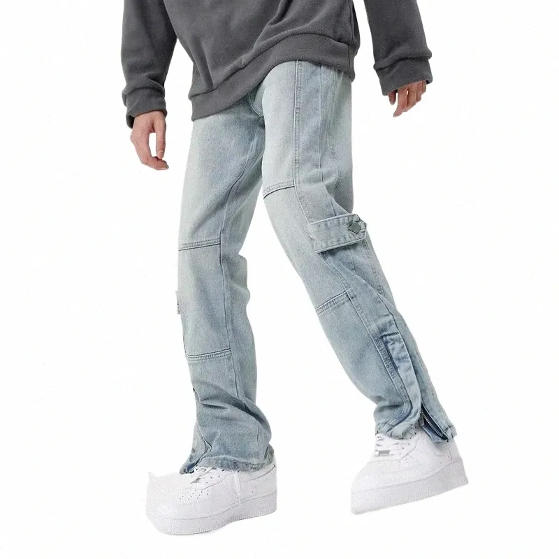 2023 Cyber Y2K Fi Wed blu jeans larghi pantaloni per uomo abbigliamento cerniera alla caviglia dritto vecchio denim pantaloni Pantales Hombre J6IG #